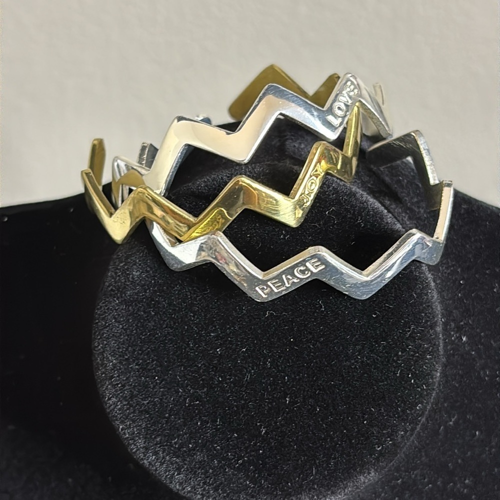 Rustic Cuff Gold & Silver Tone Love Joy Peace Zig Zag Cuff Bracelet Set